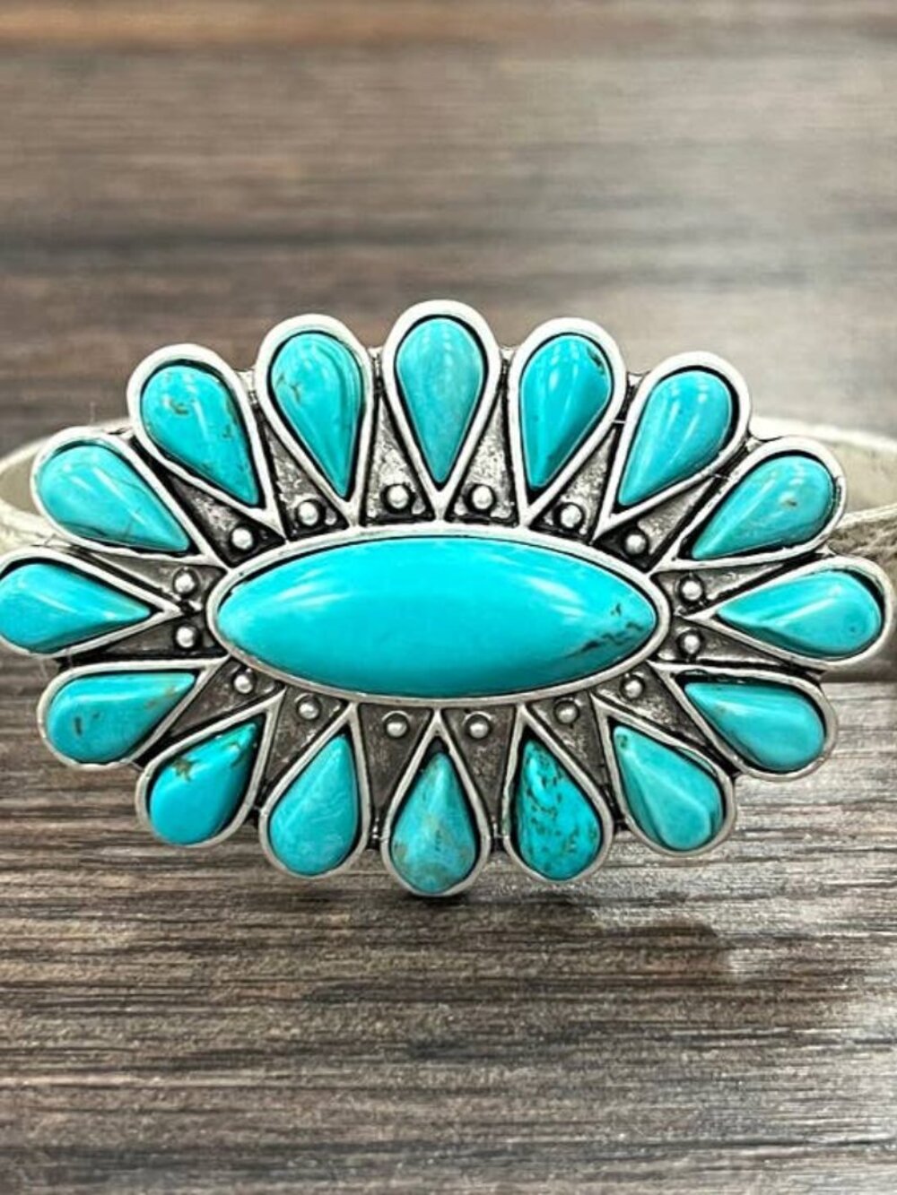 Turquoise Sunburst Cuff Bracelet Western Boho Silver Tone Statement Rodeo